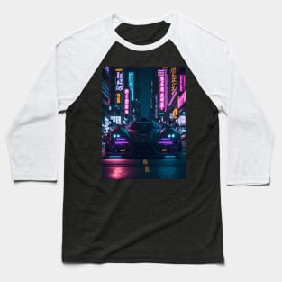 Dark Neon Sports Car in Japanese Neon City Baseball T-Shirt